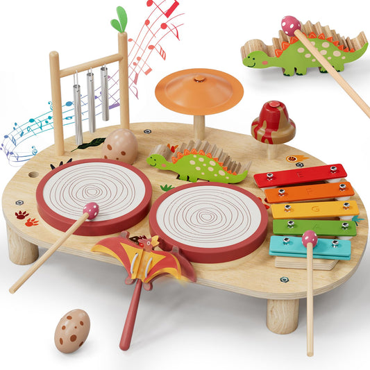 Lehoo Castle baby drum set drum table showcases sturdy wooden construction for tiny hands and early motor skills.