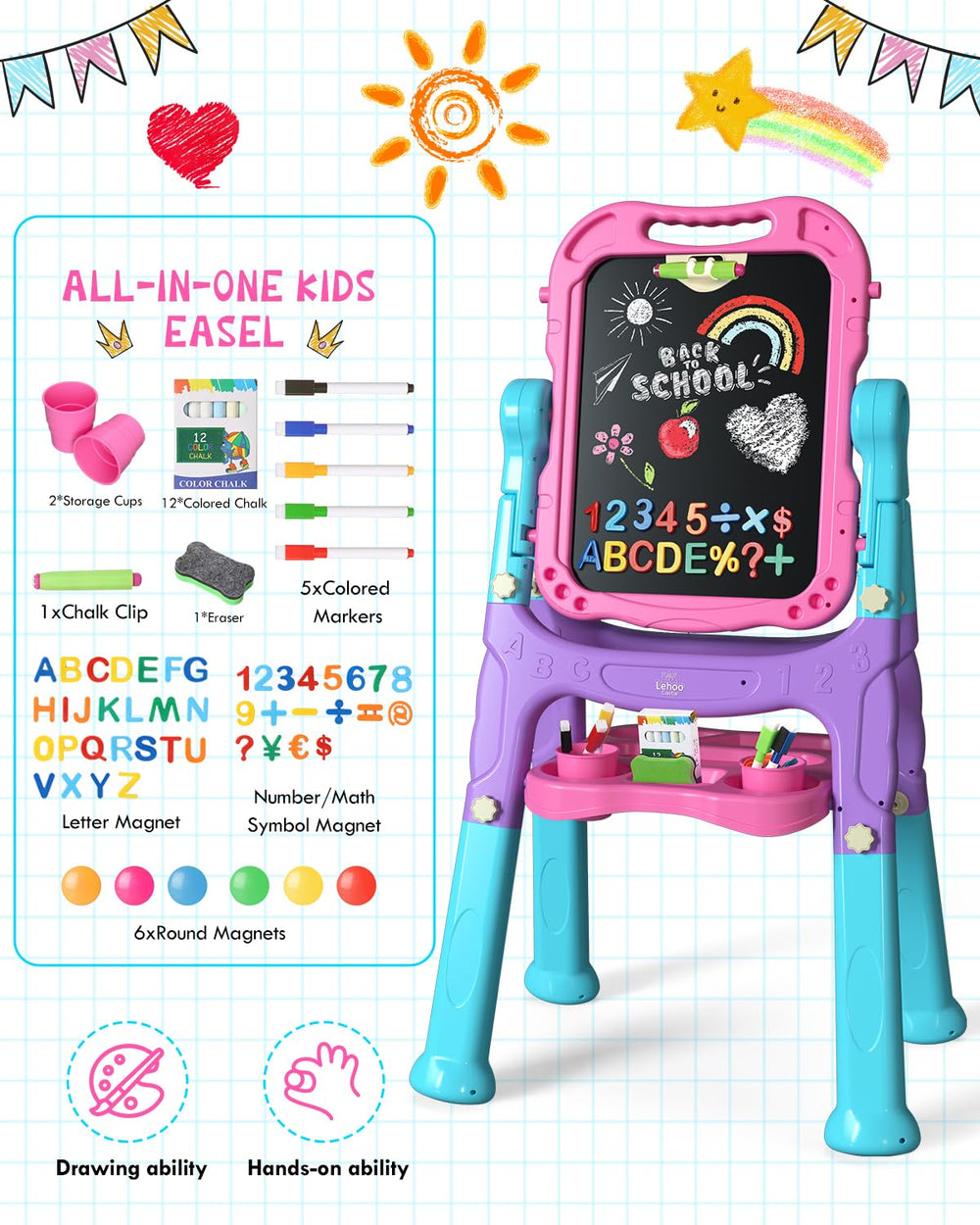 Lehoo Castle easel arrives with magnetic accessories for creative play.