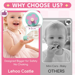 Lehoo Castle unicorn ramp toy showing large wheels for safe, graspable playtime
