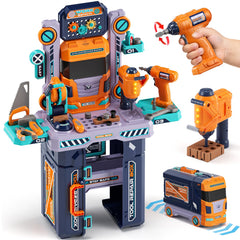 Lehoo Castle Kids Tool Bench front view showing realistic workshop setup for imaginative play.