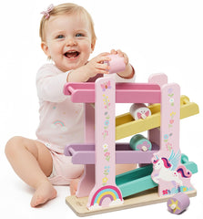 Lehoo Castle unicorn wooden car ramp toy with four rolling wheels for early play