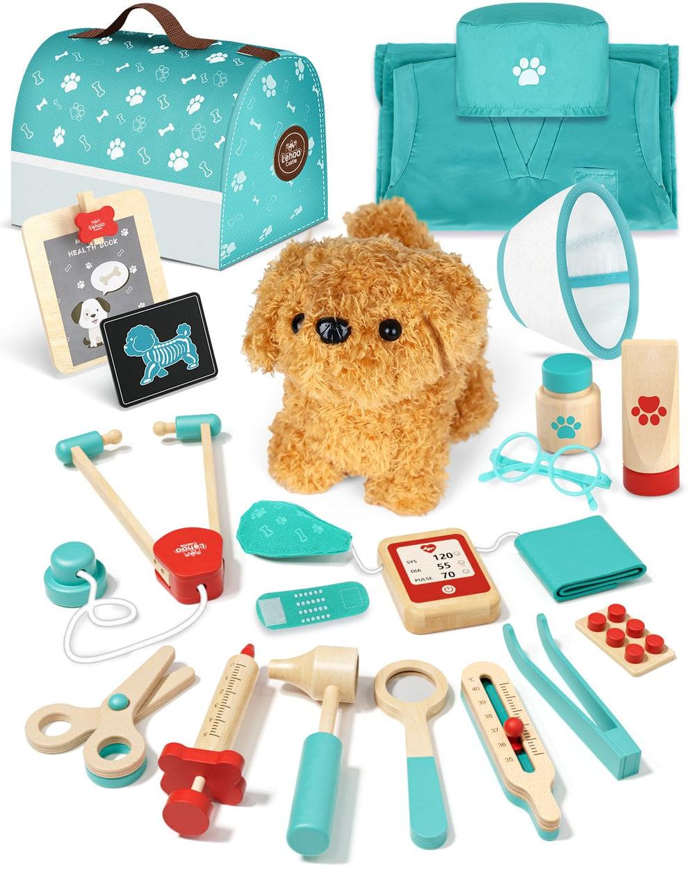 Lehoo Castle wooden doctor kit with dog bag encourages imaginative play and gentle caregiving.