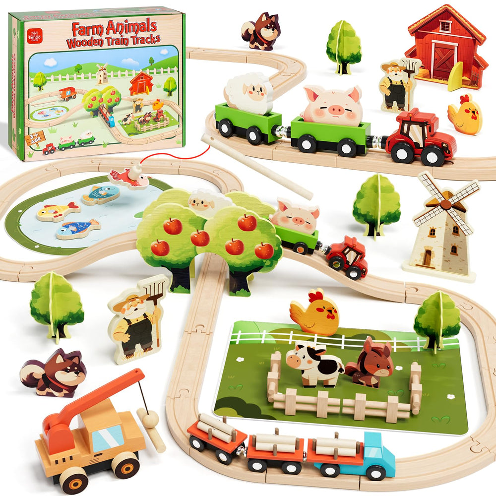 Lehoo Castle wooden train set assembly and track for imaginative play.