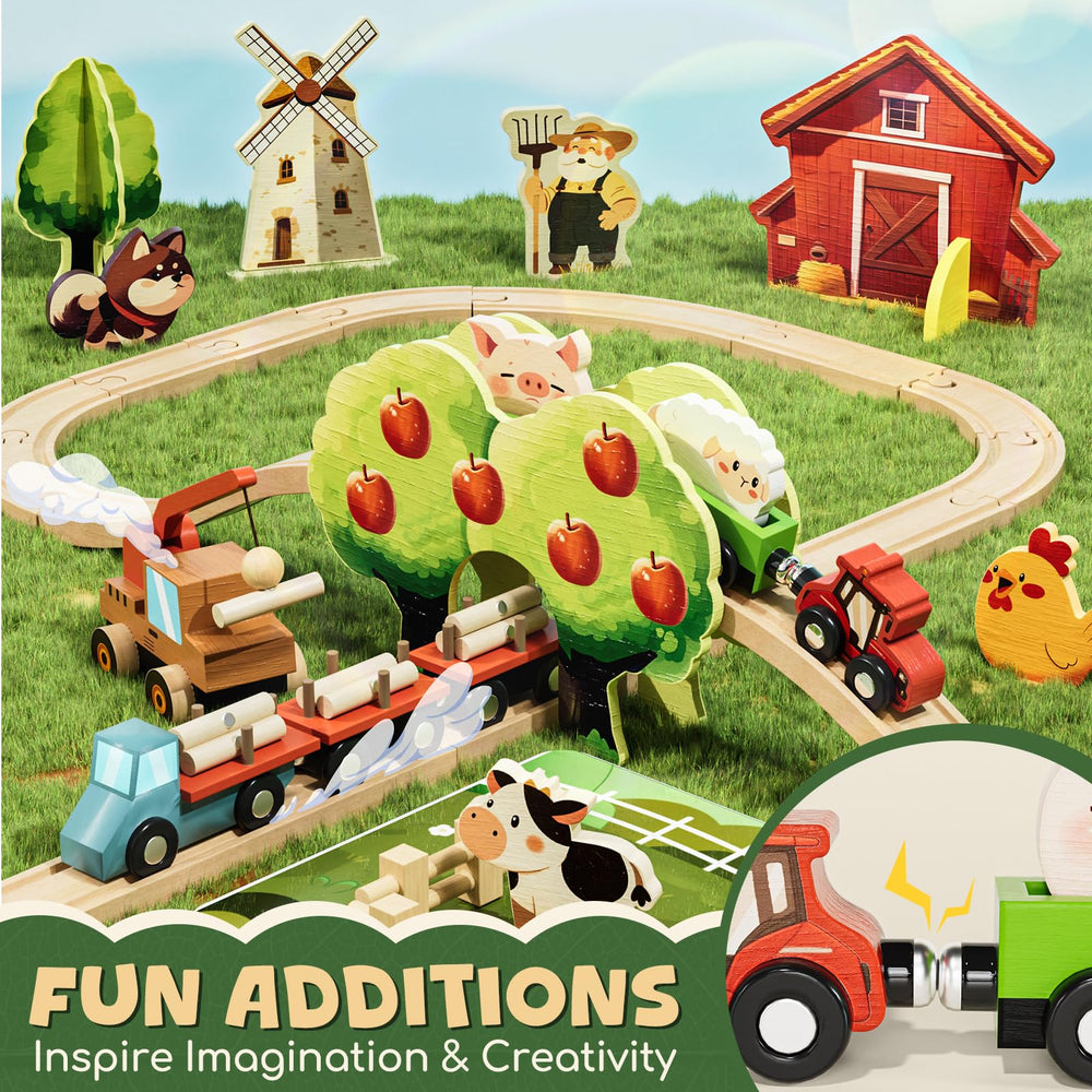 Lehoo Castle wooden train set compatibility with major tracks for expansion.