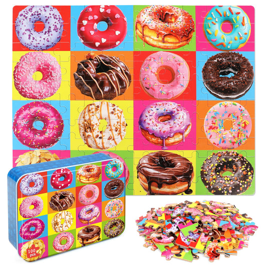LELEMON donuts puzzle pack cover shows bright pieces in a tin box for easy storage and play