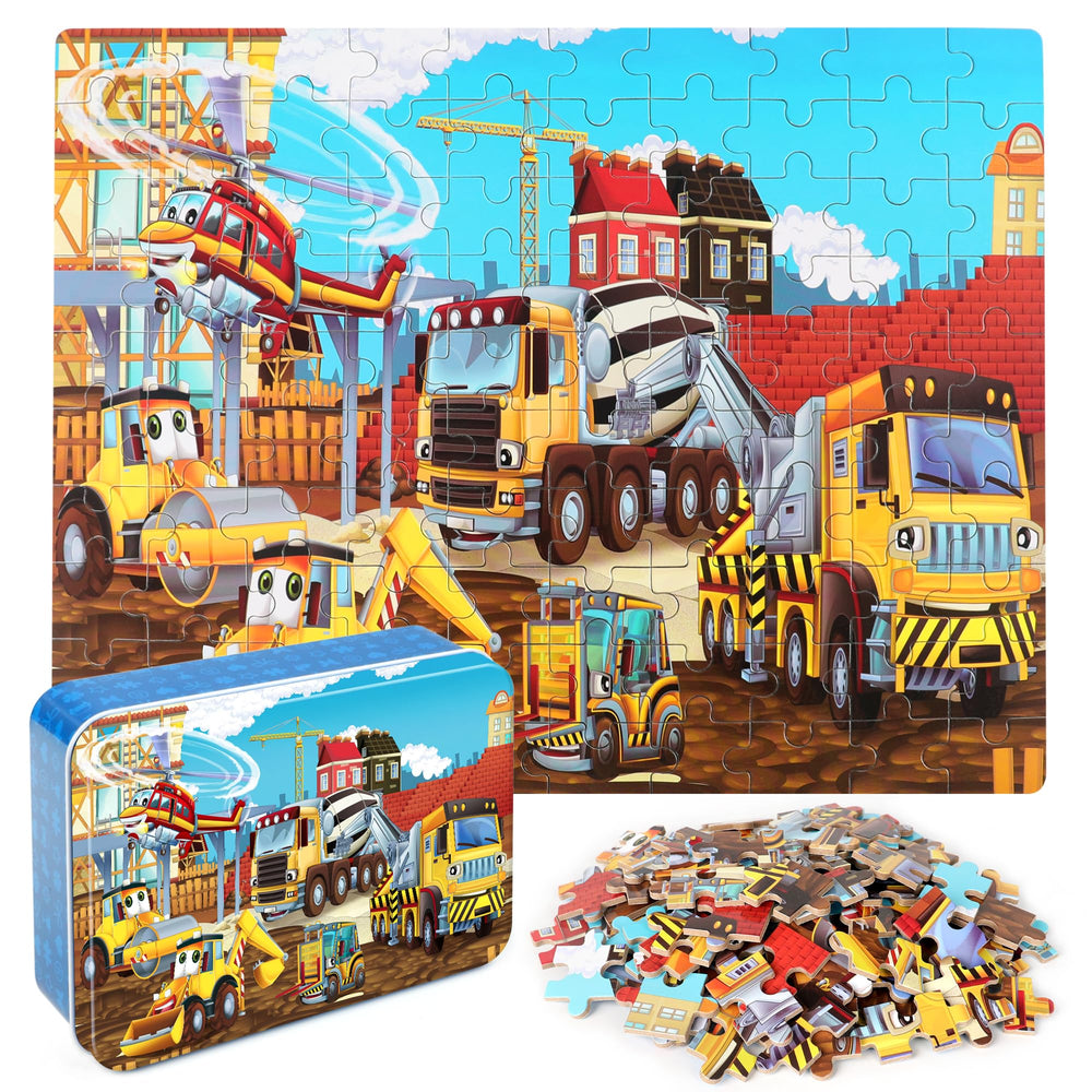 LELEMON Puzzles construction-vehicles-100pc image promotes problem solving during play