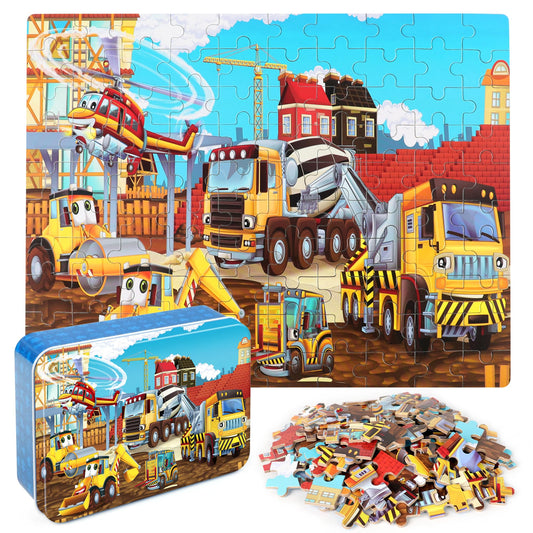 LELEMON Puzzles construction-vehicles-100pc image promotes problem solving during play
