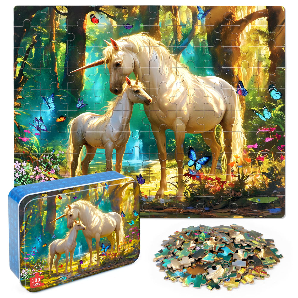 LELEMON Unicorn 100-piece puzzle box with vibrant colors for imaginative play.