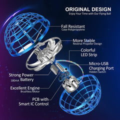 LEMATRIX Flying Orb Ball Toy blue side view emphasizes portable indoor-outdoor play