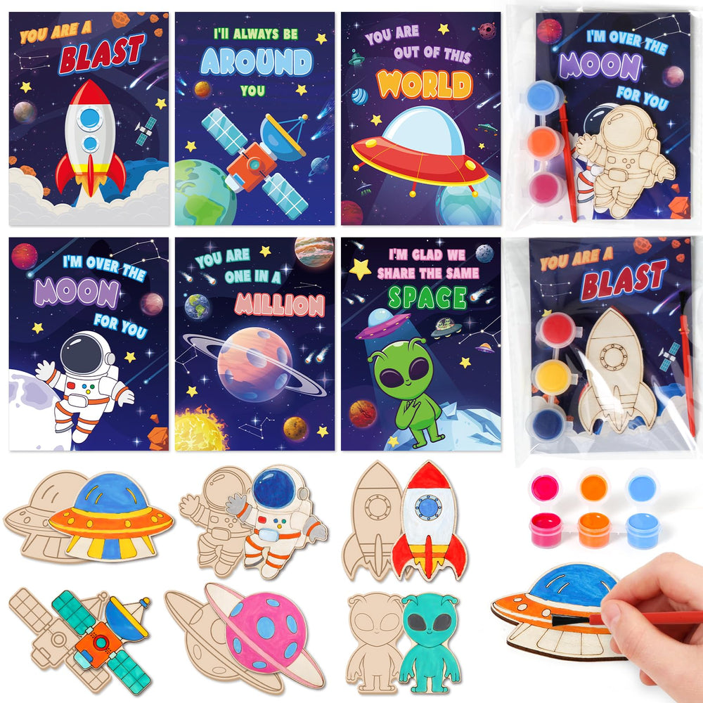 Letapapa space themed valentines cards with wooden crafts ideal for classroom gifts.
