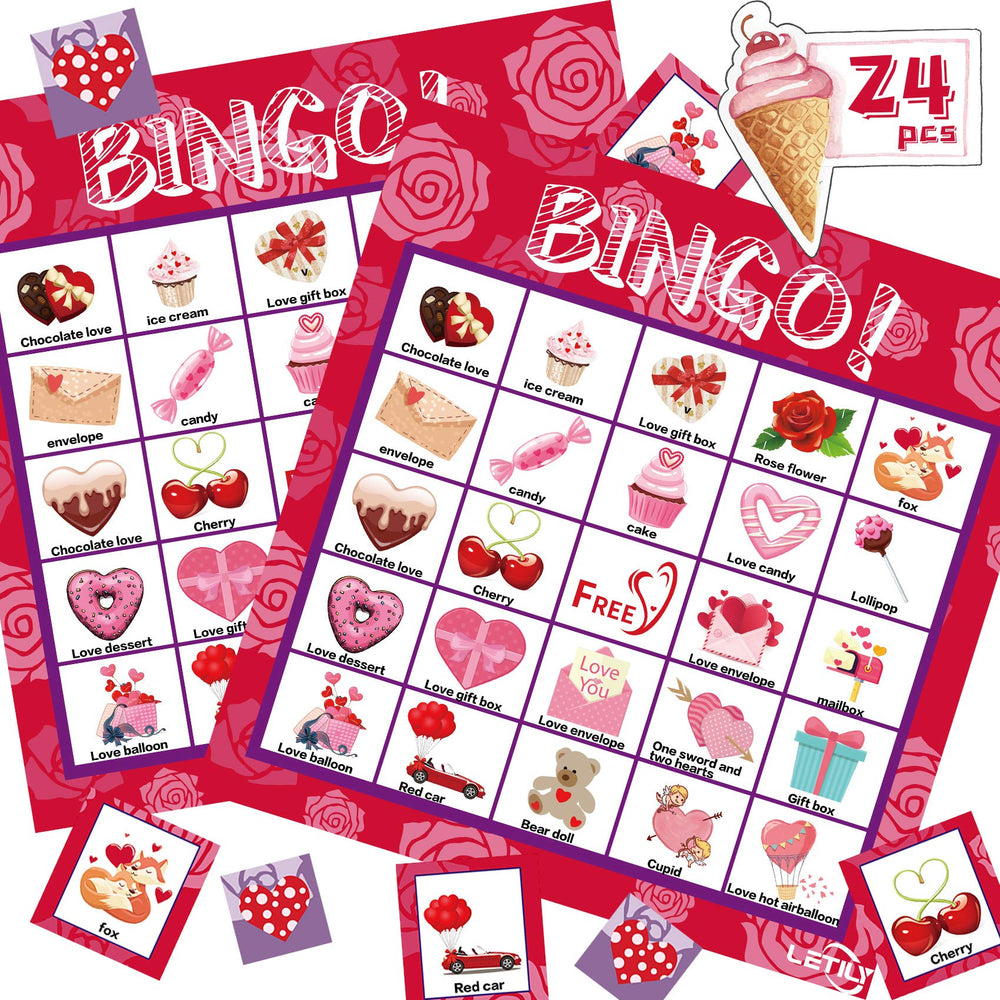 Letily Valentines Bingo cards feature 24 boards for large groups, ideal classroom activity