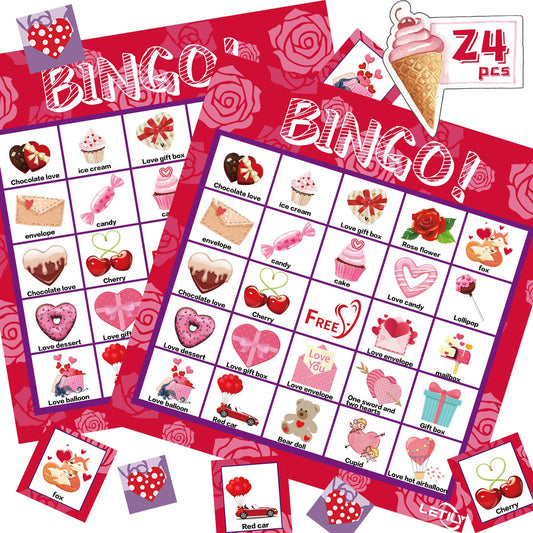 Letily Valentines Bingo cards feature 24 boards for large groups, ideal classroom activity