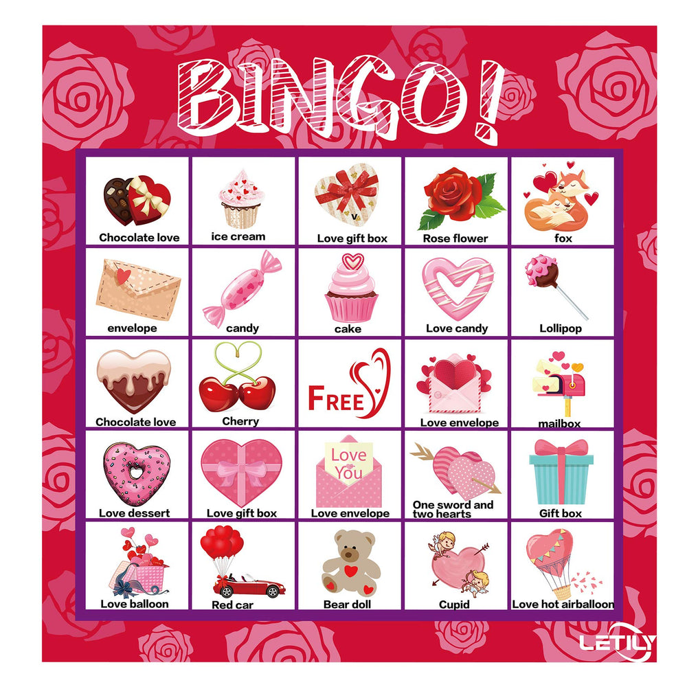 Letily Valentines bingo patterns showcase cute symbols for festive play