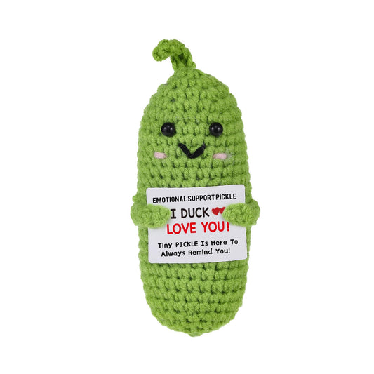 Letken pickle doll front view highlighting bright crochet stitches for a playful gift.