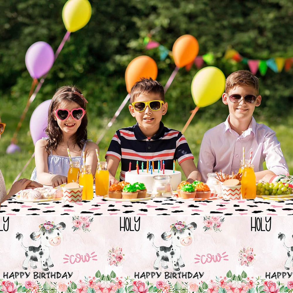 Letromp farm animal party décor adds festive touch while protecting surfaces.