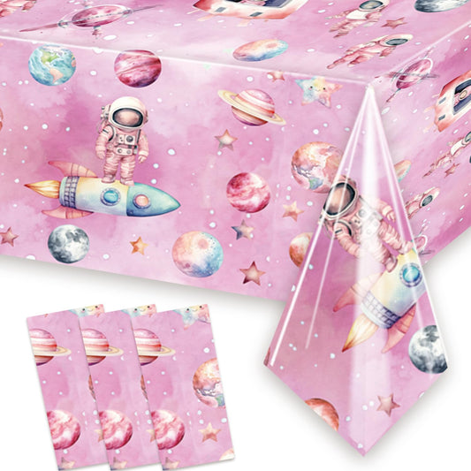 Letromp outer-space tablecloth with astronaut design protects the table during the party.