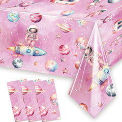 Letromp outer-space tablecloth with astronaut design protects the table during the party.
