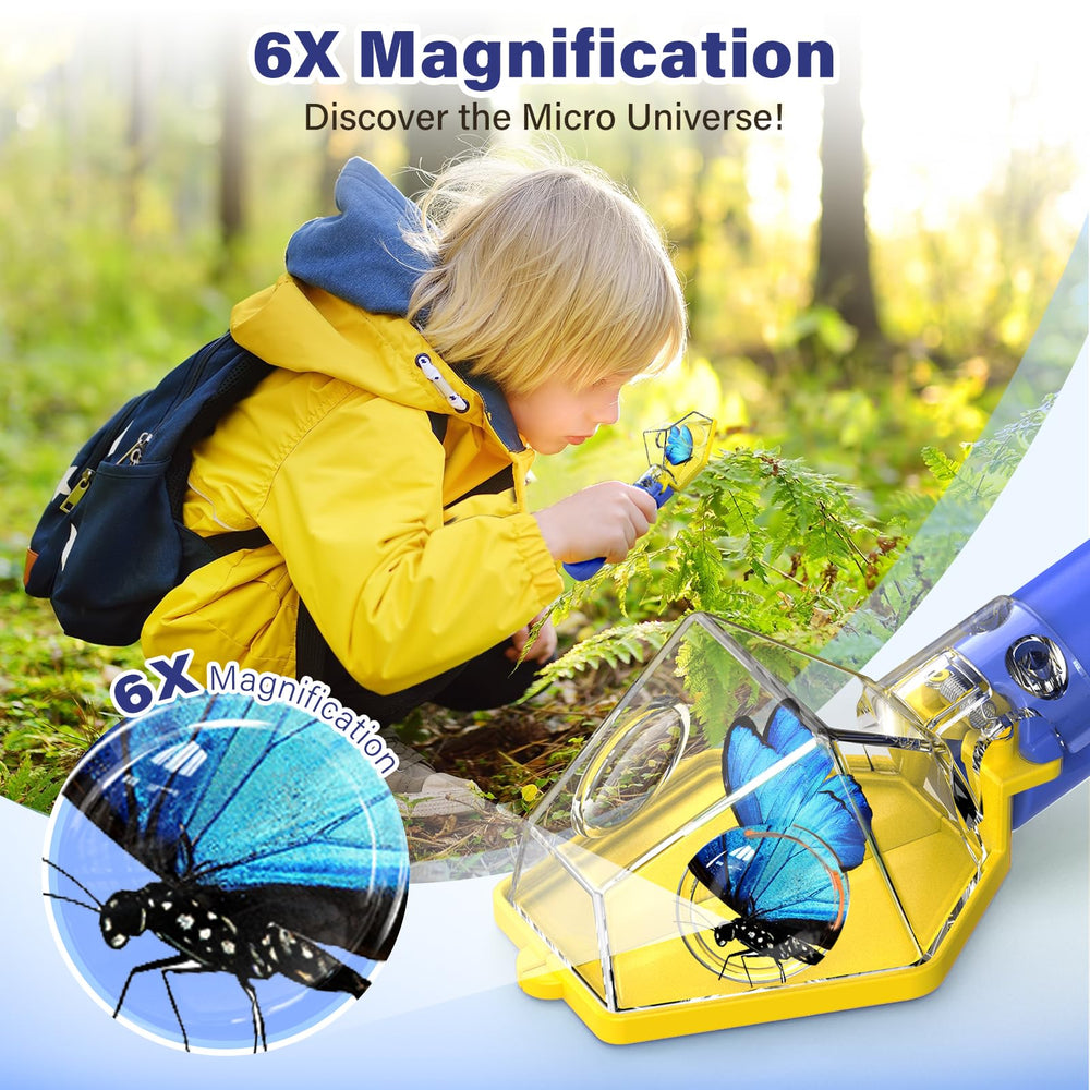LEUOA bug catcher kids blue in-use outdoor, kids observe insects during nature exploration.