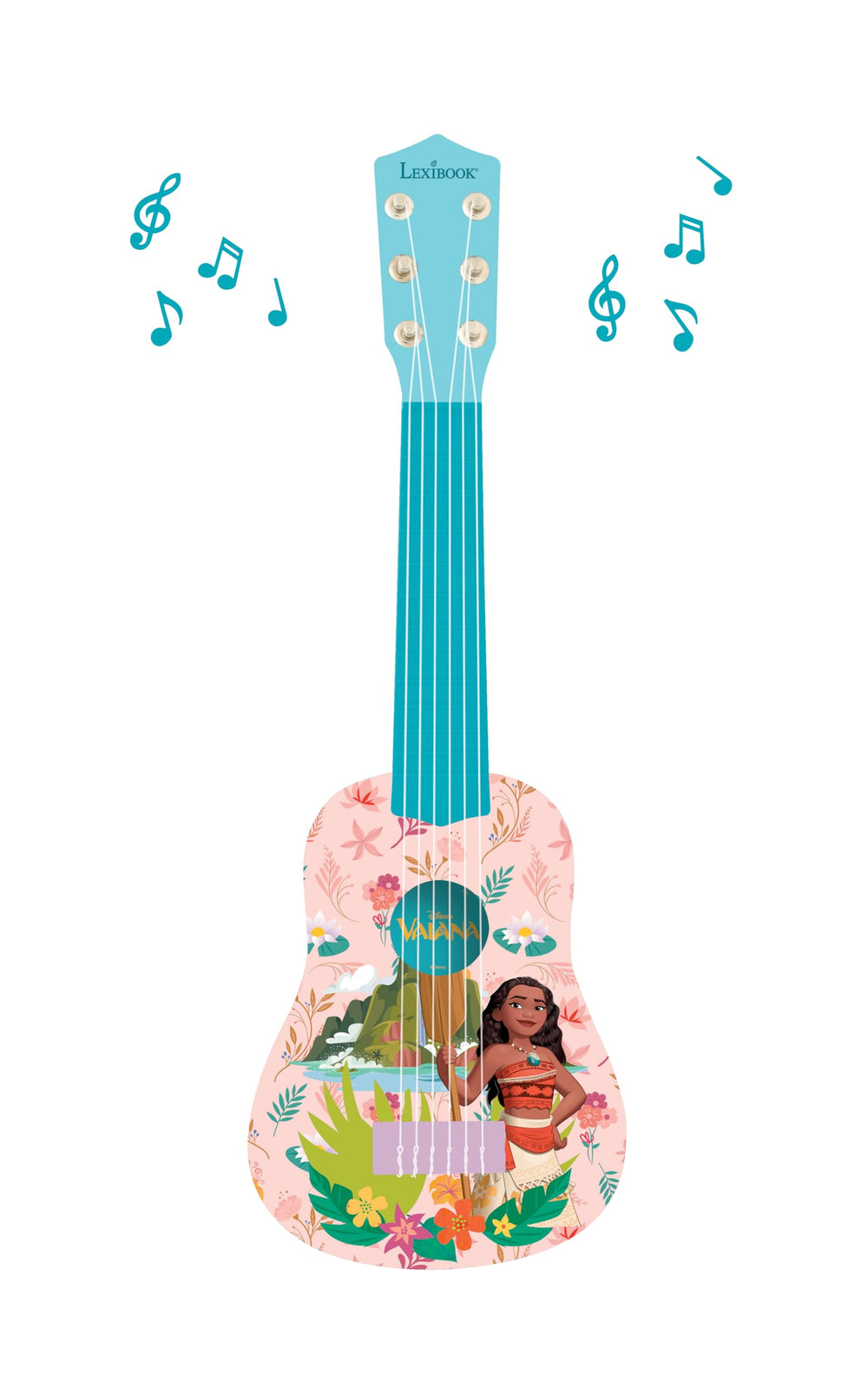 Durable plastic body of Lexibook Moana guitar withstands active play.