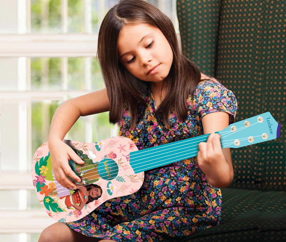 Tunable Lexibook Moana guitar helps develop ear for music, tuner not included.