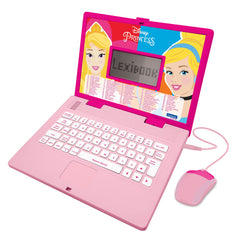 Lexibook Disney Princess laptop pink front view, kid-friendly design supports easy bilingual learning on the go.