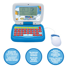 Lexibook Power Junior child using laptop demonstrates hands-on language practice in English and Spanish.