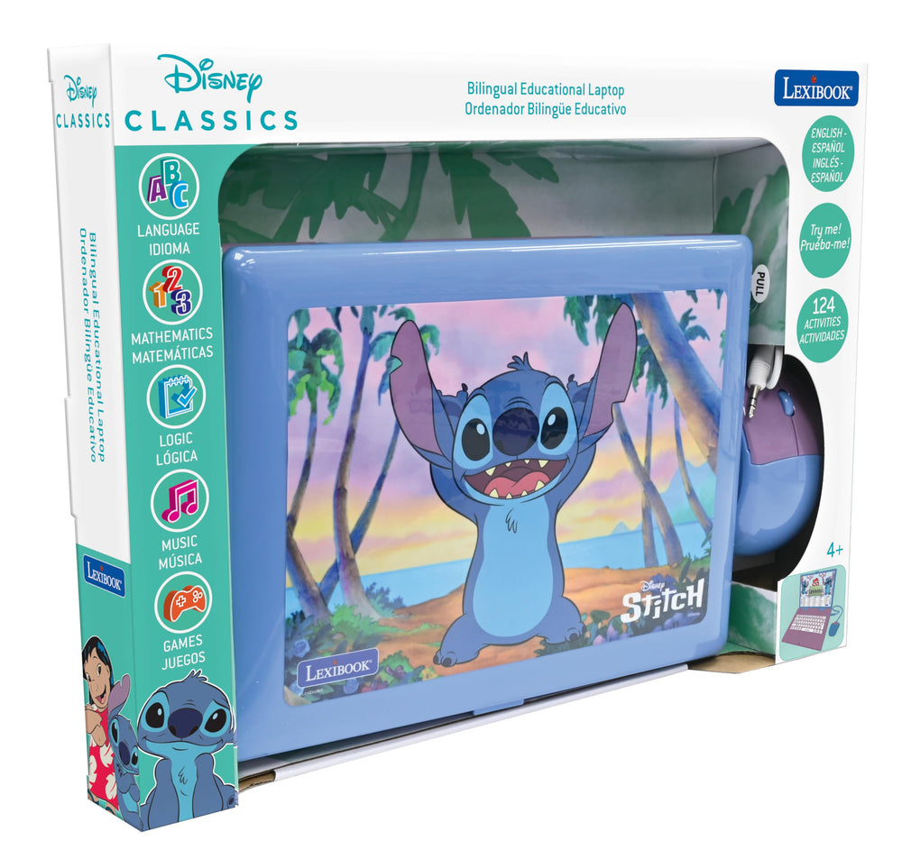 Lexibook Stitch laptop screen displaying bilingual activities in English and Spanish for language practice