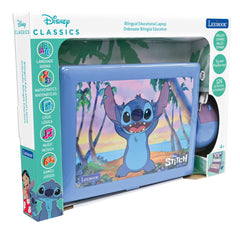 Lexibook Stitch laptop screen displaying bilingual activities in English and Spanish for language practice