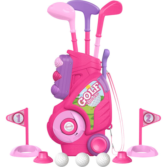 Liberry toddler golf cart pink with retractable handle for easy pulling.