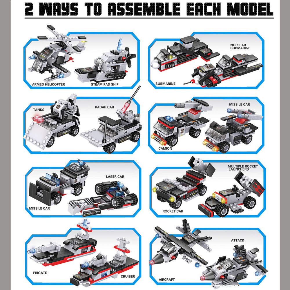 Liberty Imports 8-in-1 naval warfare models — build multiple designs for varied play scenarios.