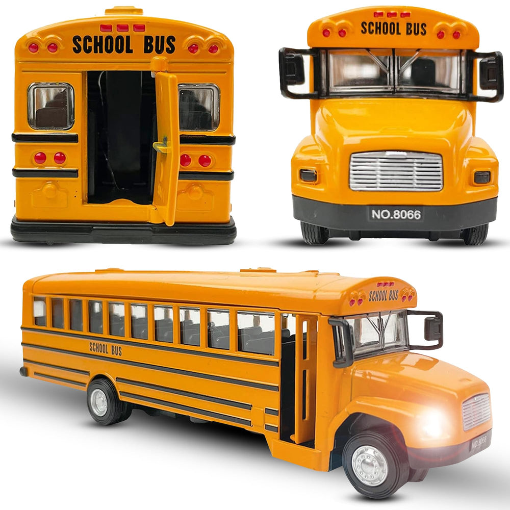 Liberty Imports 8-inch diecast yellow school bus, front view with durable rubber tires for play.
