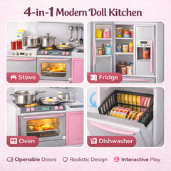 Liberty Imports pink doll kitchen dishwasher ding cues tidy-up playtime.