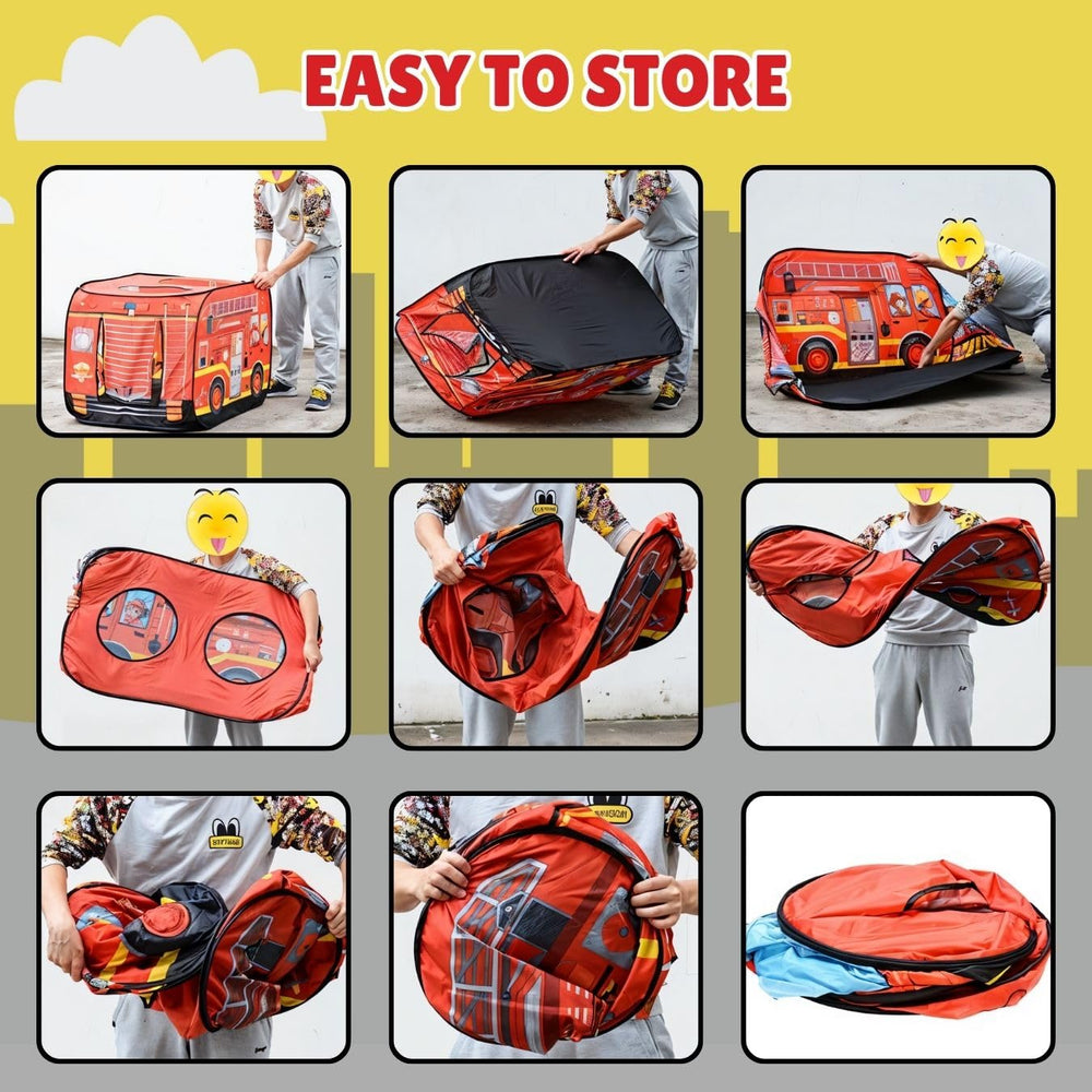 Liberty Imports fire truck play tent sturdy wire frame supports active kids.