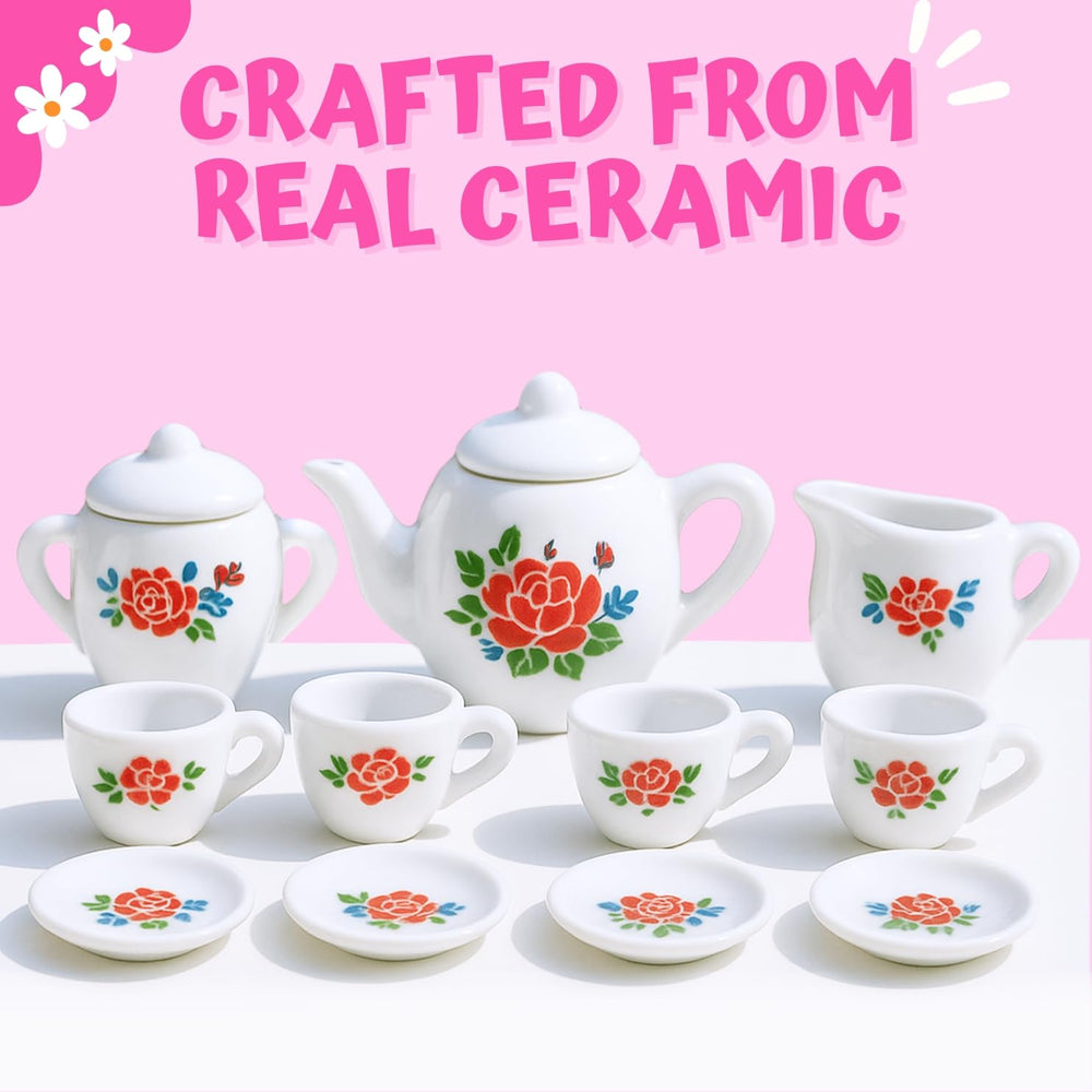 Liberty Imports teapot with lid features rose motif for elegant pretend tea time.