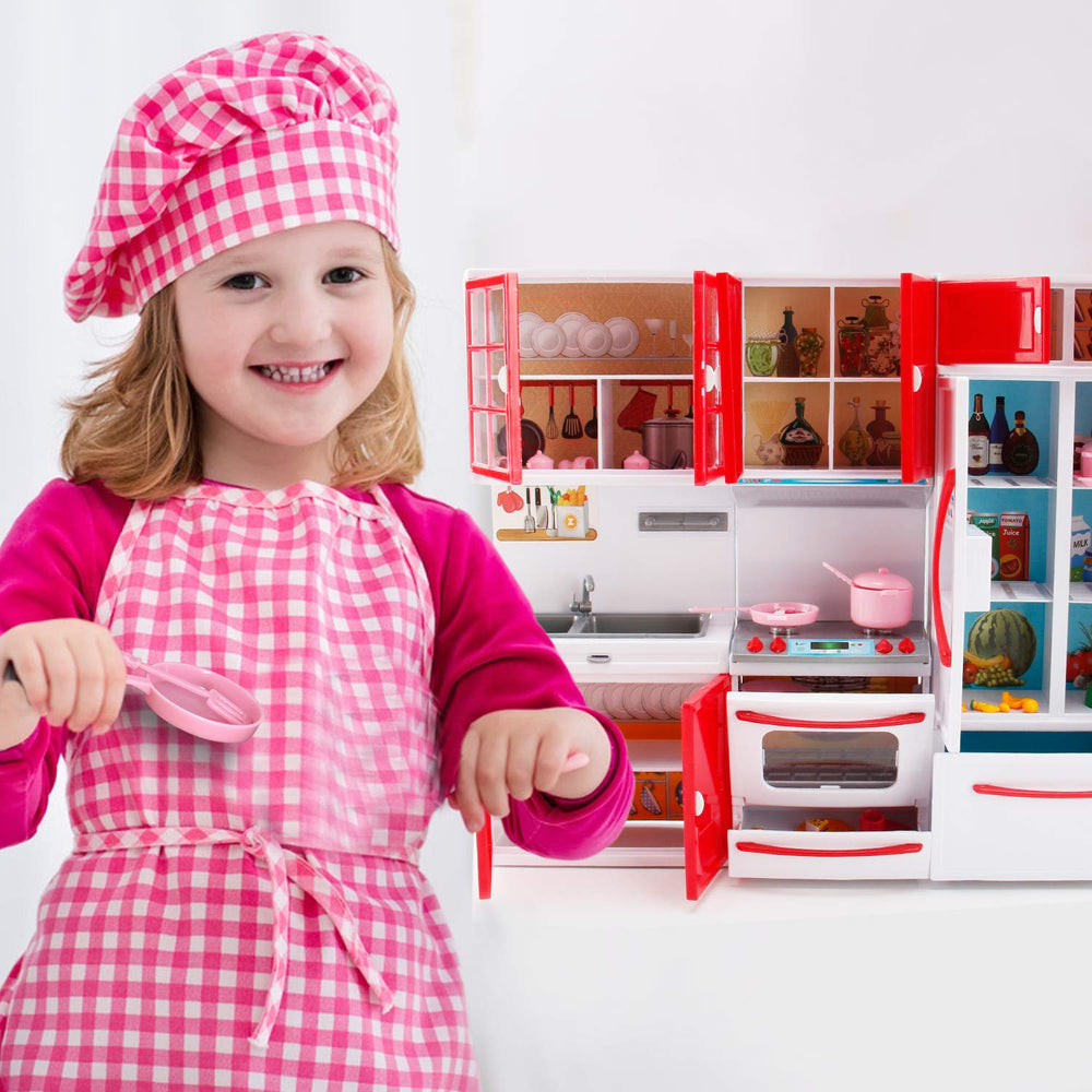 Liberty Imports Gourmet Red Doll Kitchen Doors and Drawers open for interactive storage play