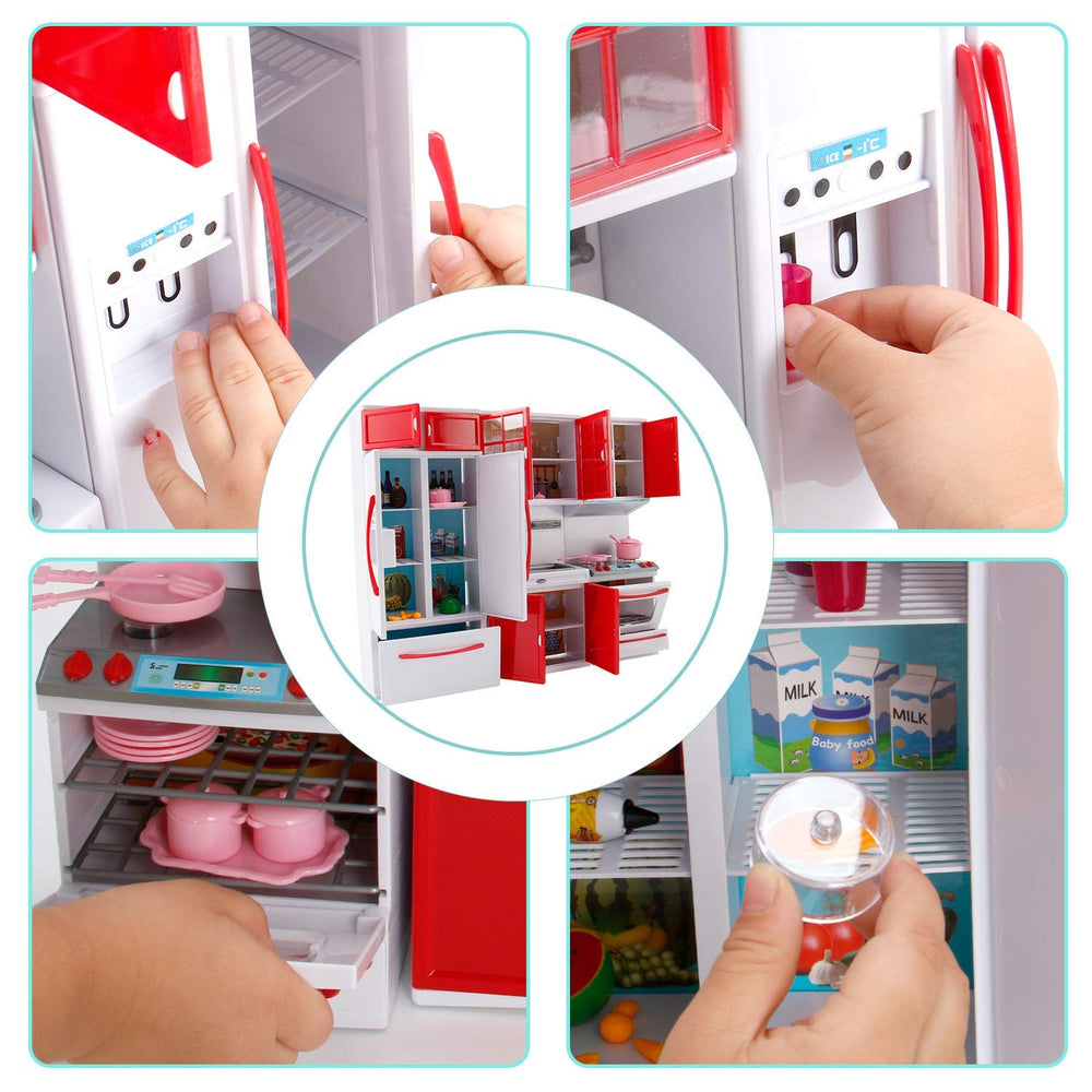 Liberty Imports Gourmet Red Doll Kitchen Microwave activates for quick meal scenarios