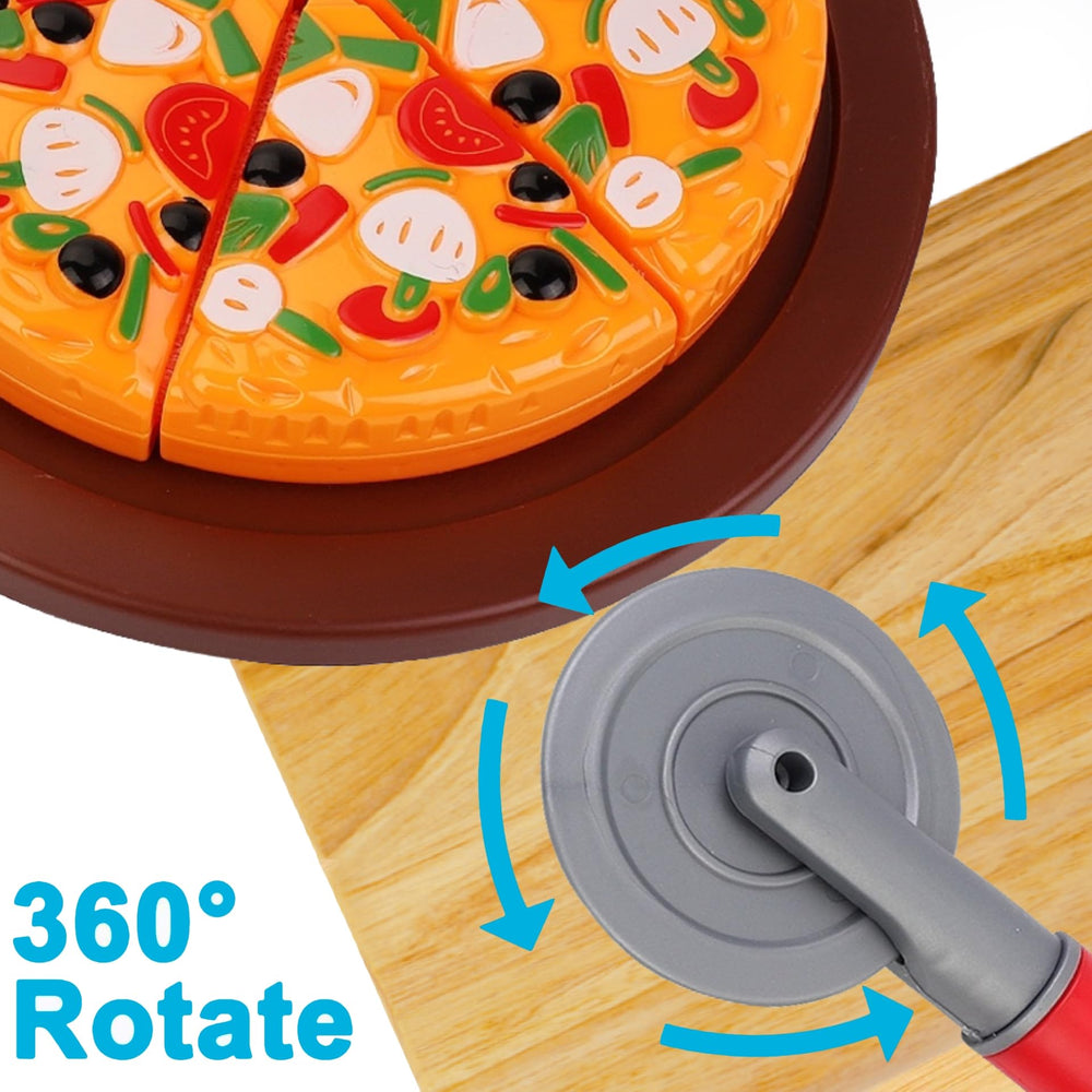 Liberty Imports pizza party play set includes a kid-safe cutter that slices pretend pizza.
