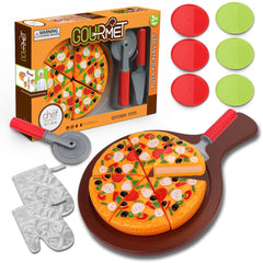 Liberty Imports pizza party play set features hook-and-loop slices for easy assembly.