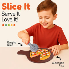 Liberty Imports pizza party play set comes with serving board and plates for sharing.