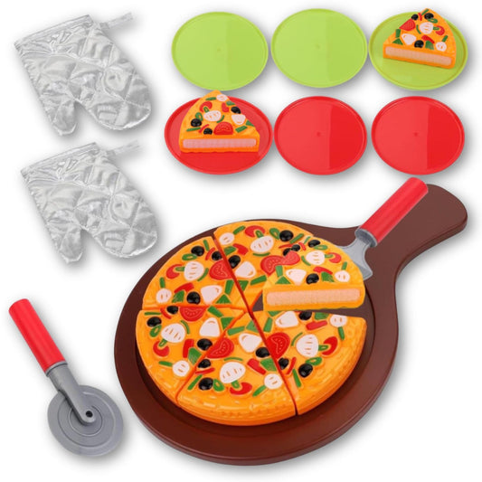 Liberty Imports pizza party play set features a whole pizza for imaginative pretend meals.