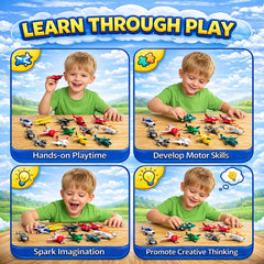 Liberty Imports pull back airplanes helicopter image emphasizes mixed play and exploration.
