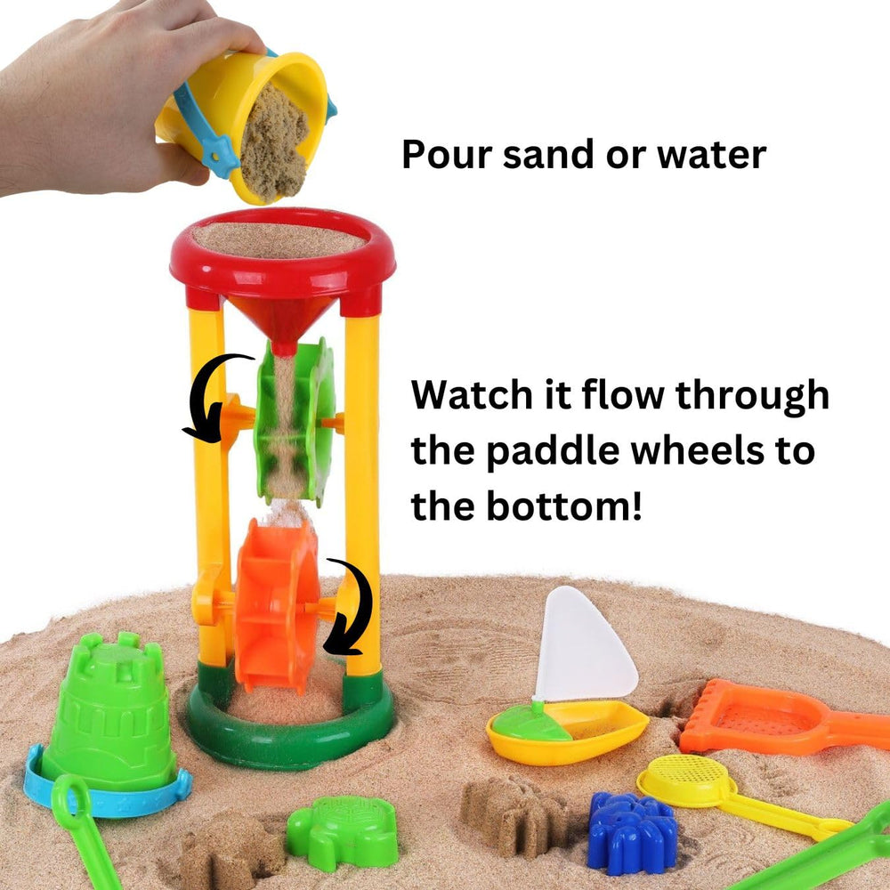 Liberty Imports wheel tower funnel in action shows cause and effect with water and sand.