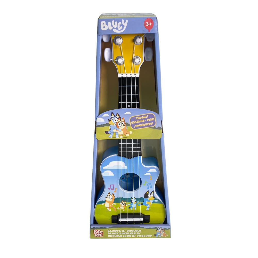 License 2 Play Bluey 16-Inch Ukulele front view with vibrant character art.