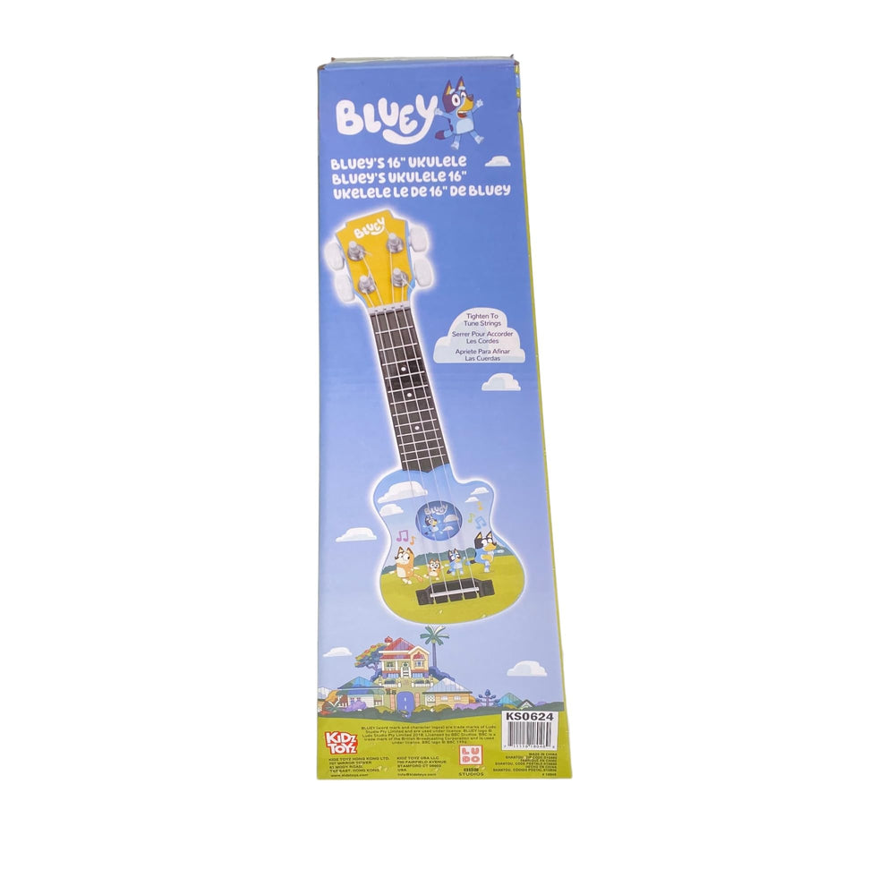 License 2 Play Bluey 16-Inch Ukulele strings close-up highlights tunable strings.