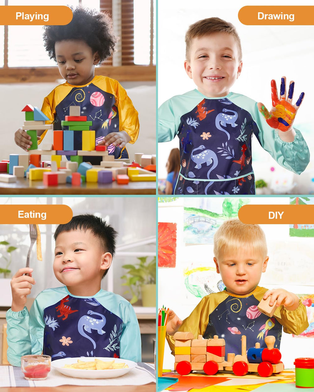 Lictin easy-clean kids smock blue image emphasizes wipe-down or machine wash