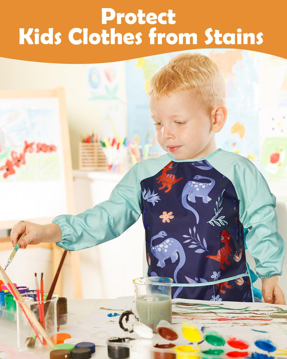 Lictin elastic cuffs detail on blue kids smock for easy sleeve pull