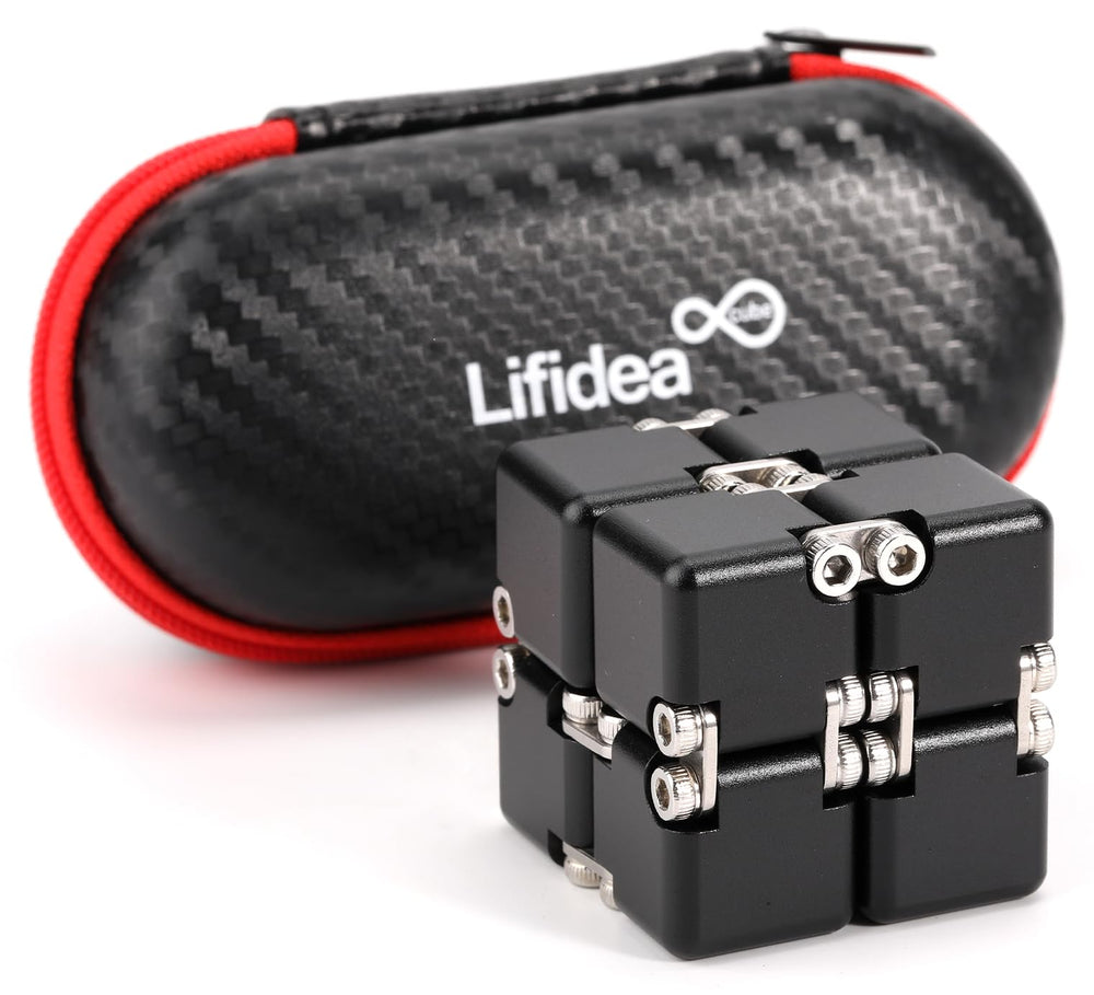 Lifidea Infinity Cube Black, front view, smooth aluminum surface aids focus and calm sessions