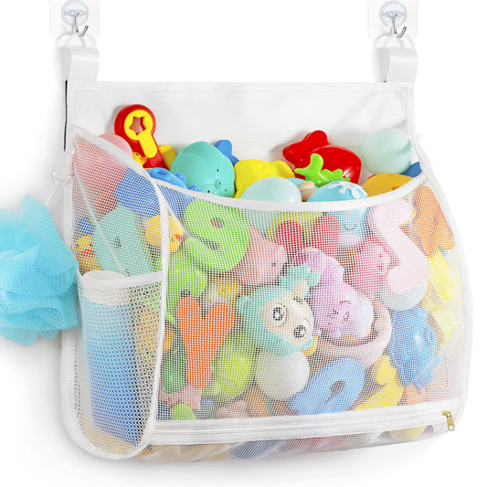 Ligereza Baby Mesh Bath Toy Organizer front view, spacious storage keeps bath toys organized.