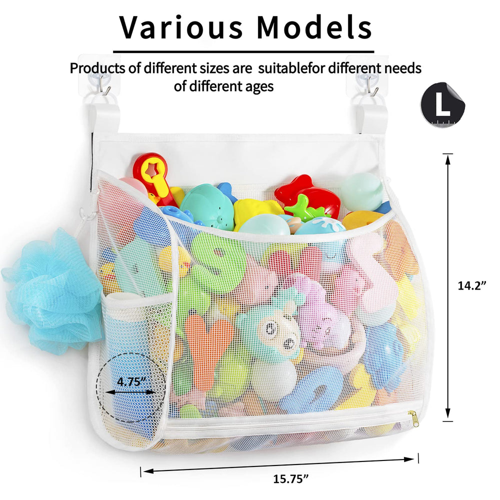 Ligereza Bath Toy Organizer hanging behind door to maximize bathroom space.