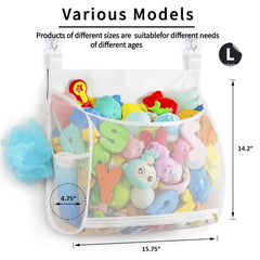 Ligereza Bath Toy Organizer hanging behind door to maximize bathroom space.